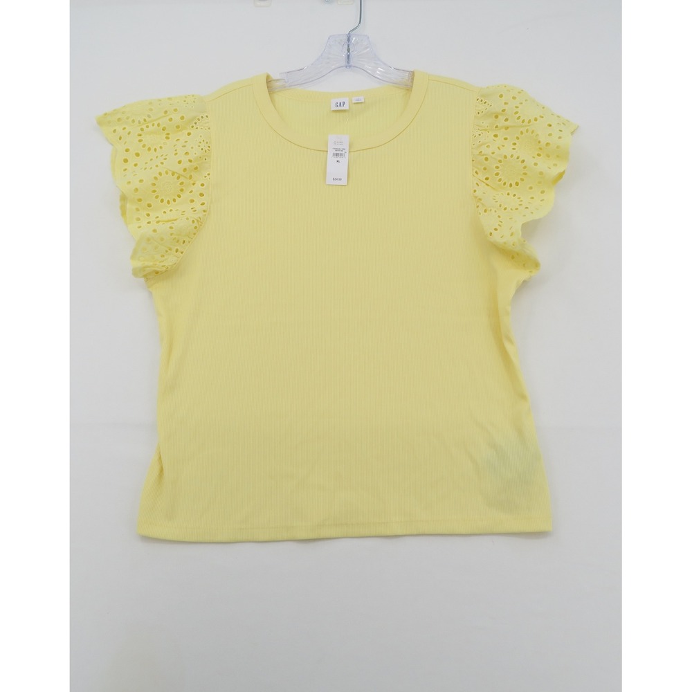 Gap Womens XL Yellow Ribbed Eyelet Flutter Sleeve Crew Neck Top 779755-05-1 NEW